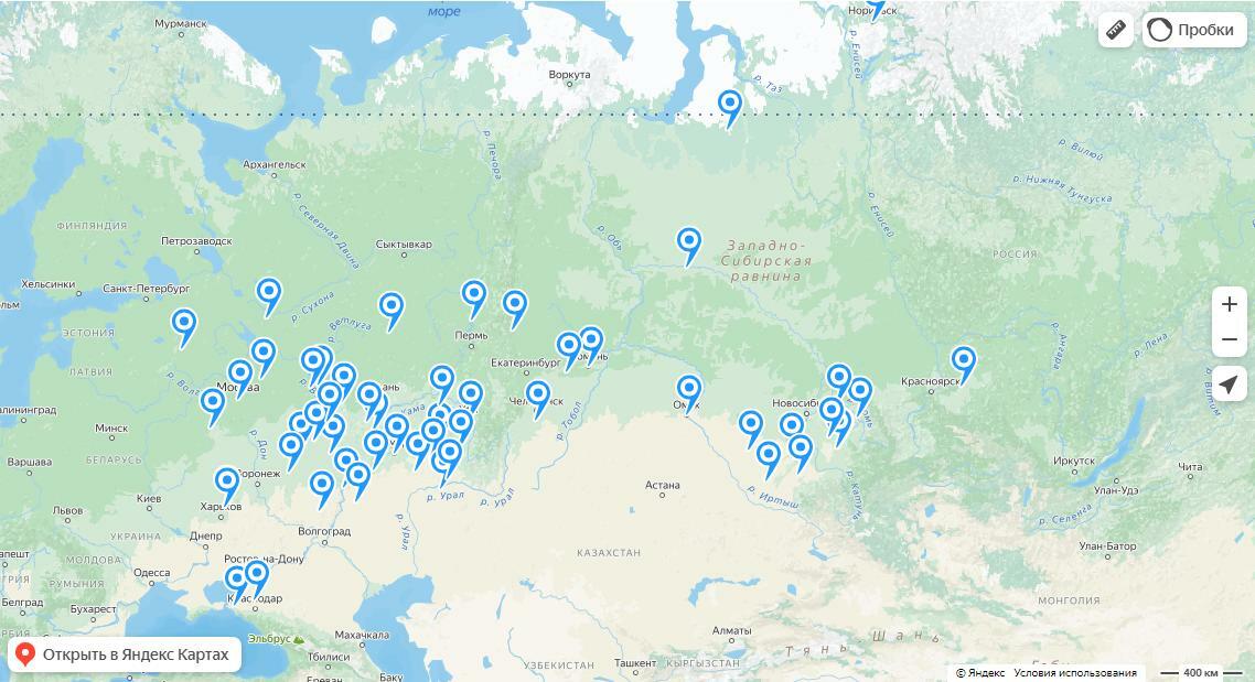 Карта построенных ангаров компанией ООО Каркасные конструкции
